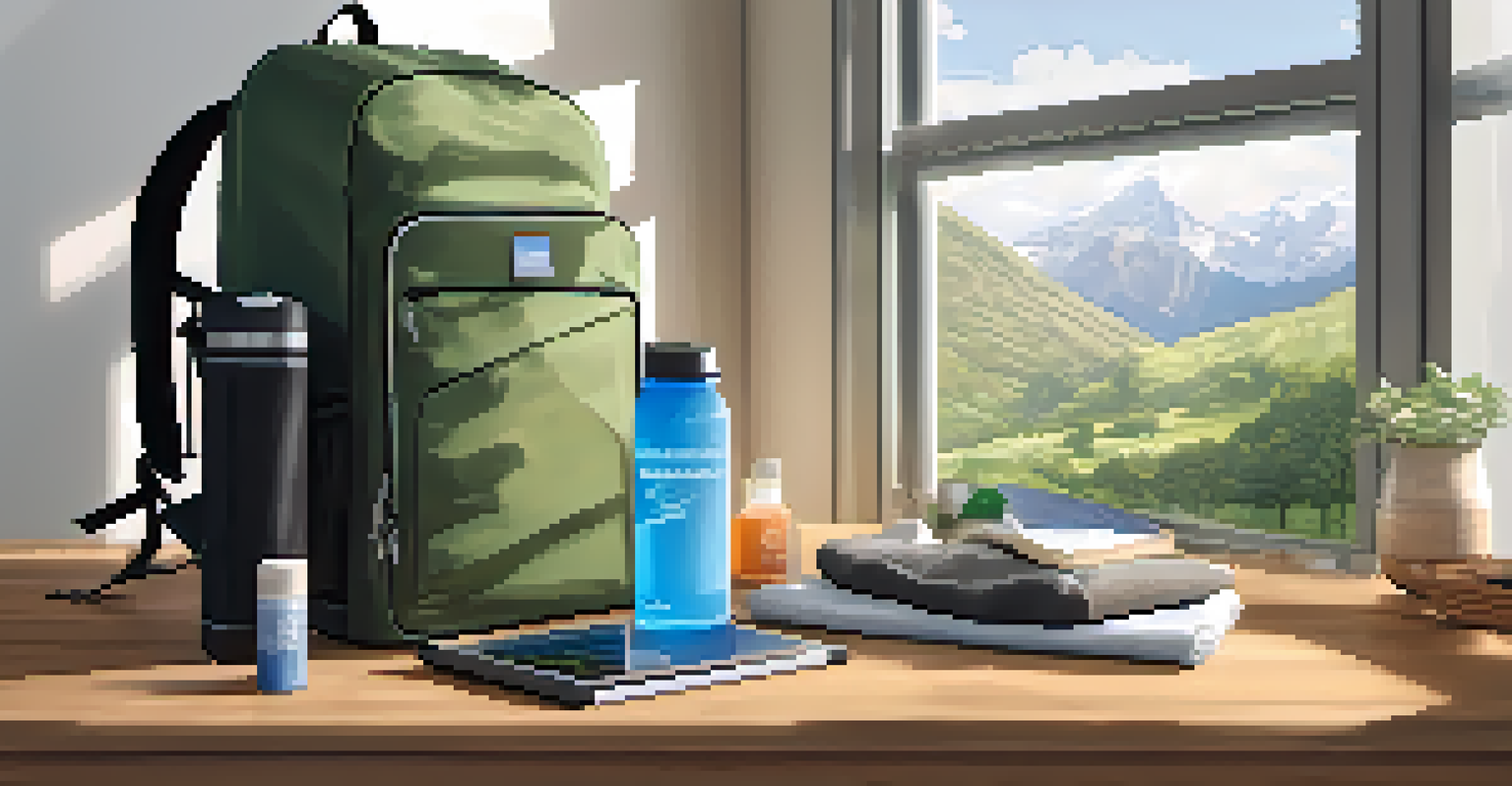 An eco-friendly travel setup with a backpack, reusable water bottle, solar-powered charger, and packing cube on a table.