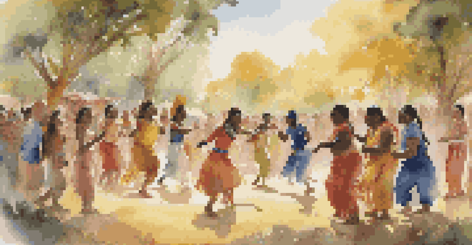An anthropologist dancing with locals in colorful traditional attire, surrounded by trees and sunlight.
