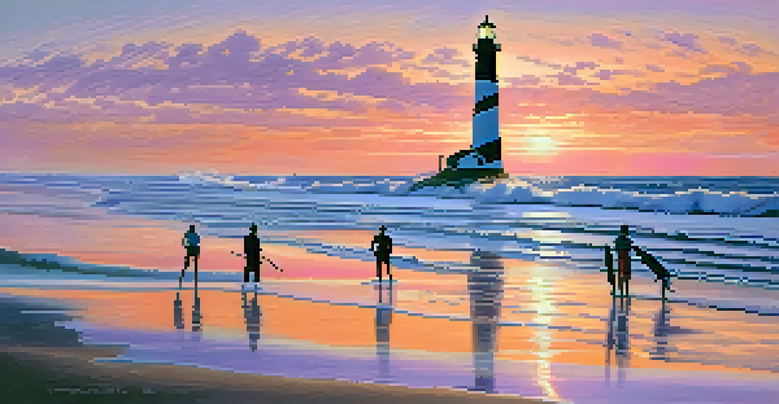 Surfers riding waves at sunset at Cape Hatteras National Seashore, with a lighthouse in the background.