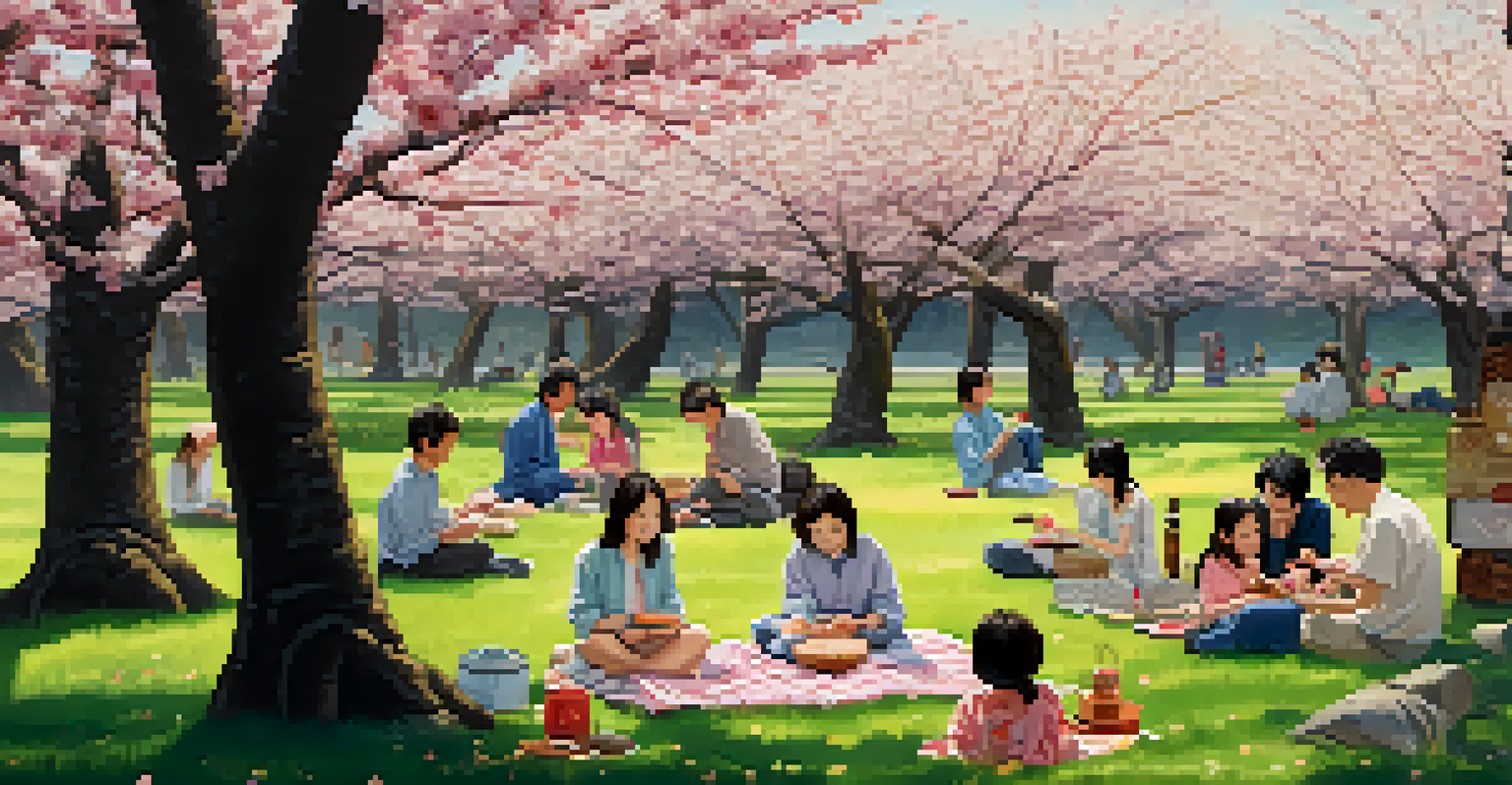 A picnic scene under pink cherry blossom trees, with people enjoying food and each other's company in a picturesque setting.