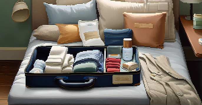 An open suitcase on a bed filled with rolled clothes and travel essentials, illuminated by soft natural light.
