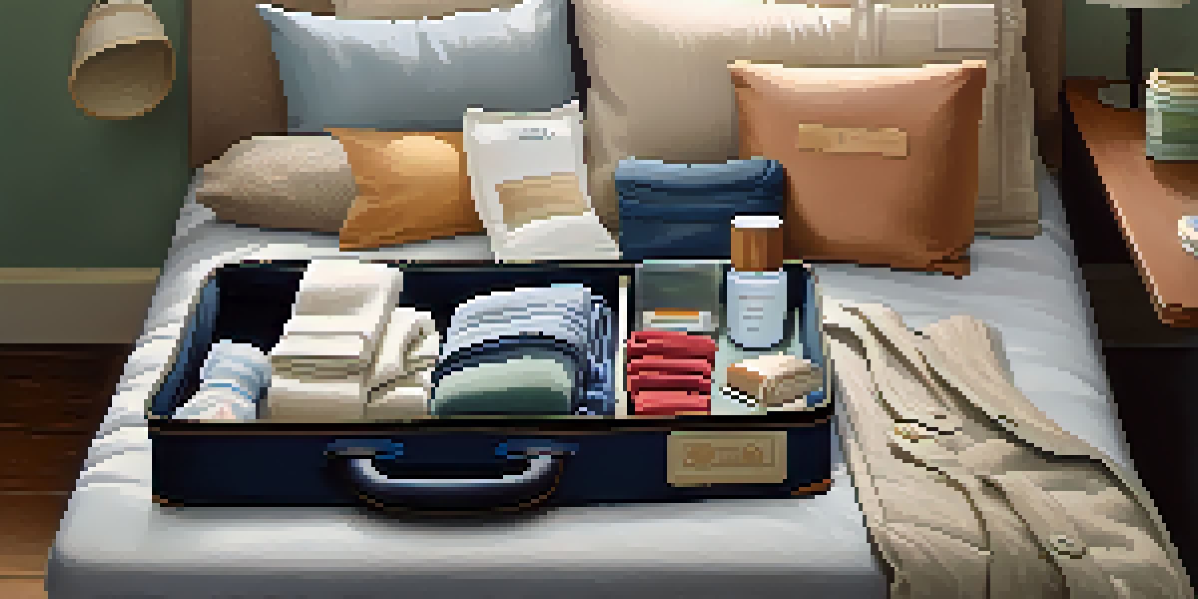An open suitcase on a bed filled with rolled clothes and travel essentials, illuminated by soft natural light.