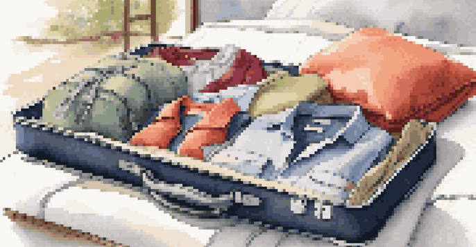 An open carry-on suitcase on a bed filled with colorful packing cubes and clothing, illuminated by natural sunlight.