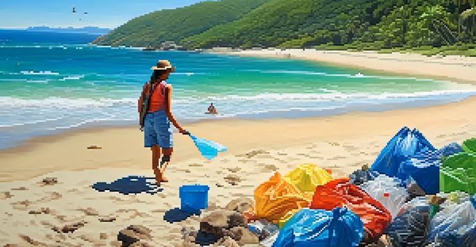 A traveler participating in a beach cleanup, picking up plastic waste with a beautiful ocean in the background on a sunny day.