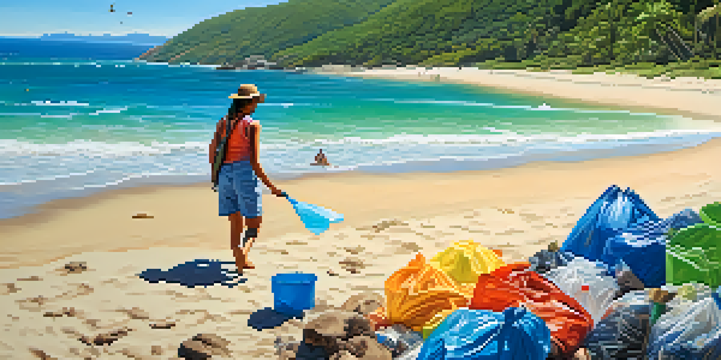 A traveler participating in a beach cleanup, picking up plastic waste with a beautiful ocean in the background on a sunny day.