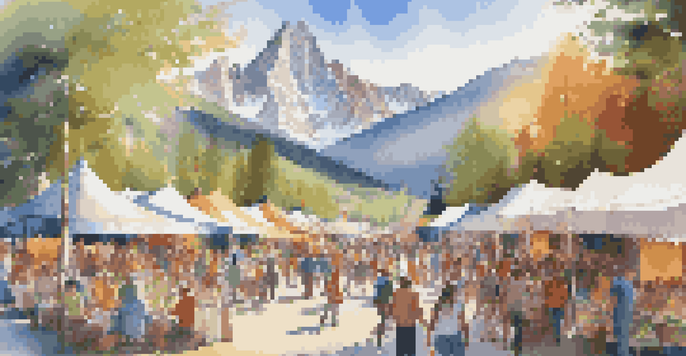 A lively outdoor festival in the mountains with colorful tents, people enjoying crafts and live music, majestic peaks in the background, and soft sunlight filtering through trees.