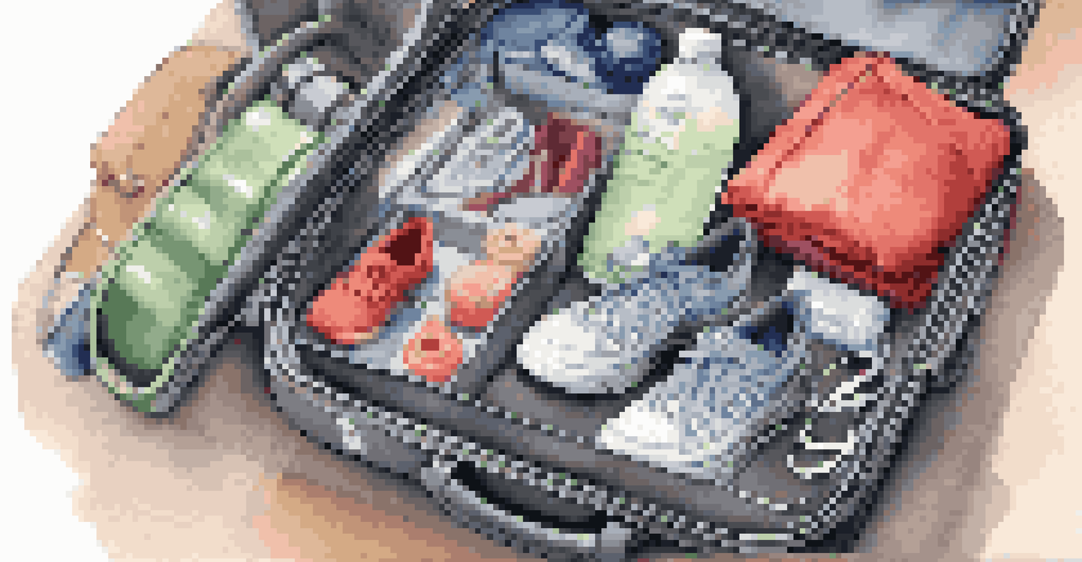 A suitcase filled with fitness gear, including workout clothes, shoes, and a water bottle, on a bed.