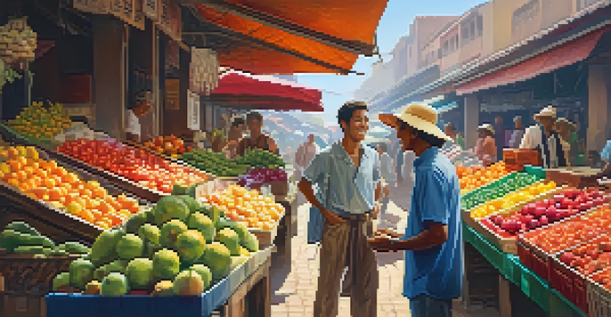 A traveler smiling and talking to a vendor in a colorful market filled with fruits and vegetables, highlighting respectful communication.