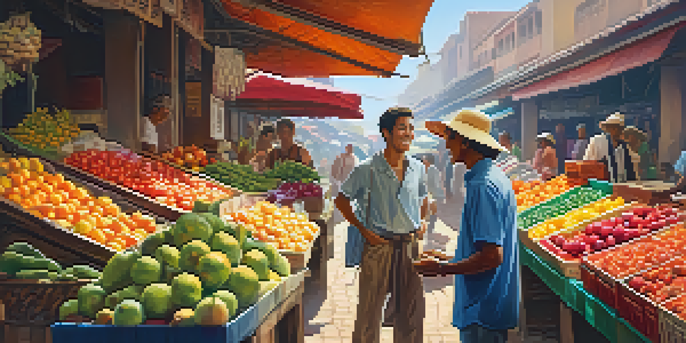 A traveler smiling and talking to a vendor in a colorful market filled with fruits and vegetables, highlighting respectful communication.