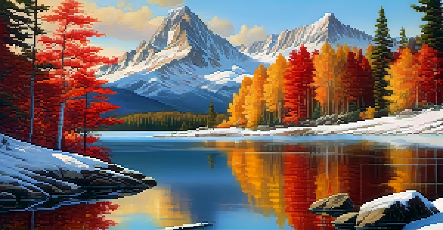 A tranquil autumn landscape with colorful trees and a reflective lake, surrounded by snow-capped mountains under a clear blue sky.