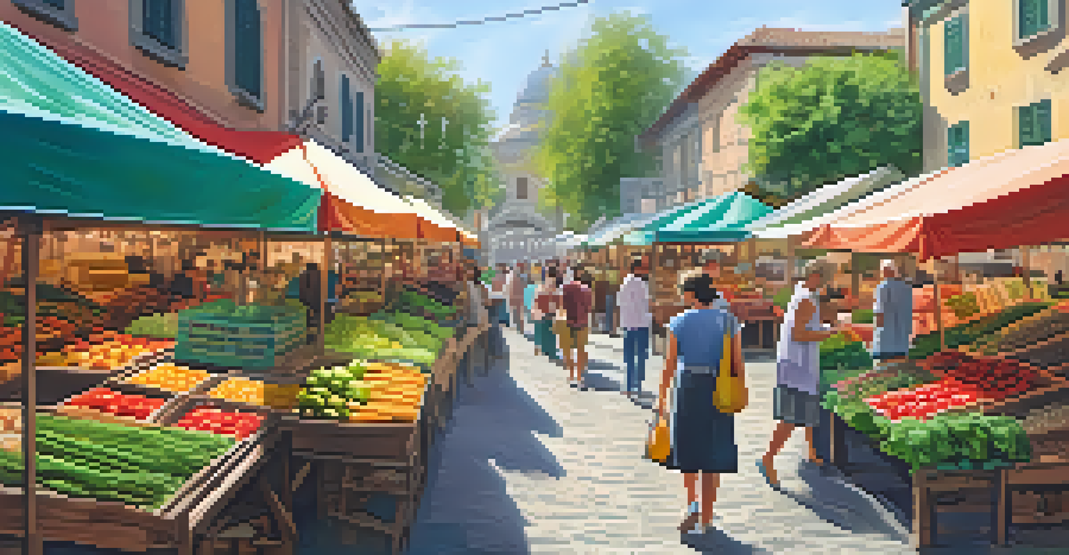 A couple exploring an outdoor market filled with colorful stalls and fresh produce.