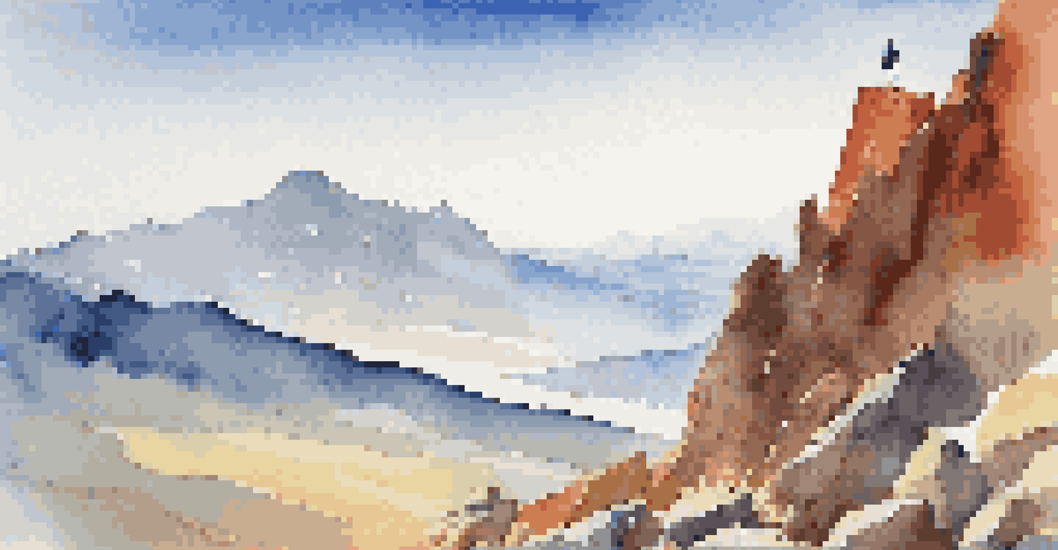 A lone hiker on a rocky outcrop with mountains in the background and a clear sky.