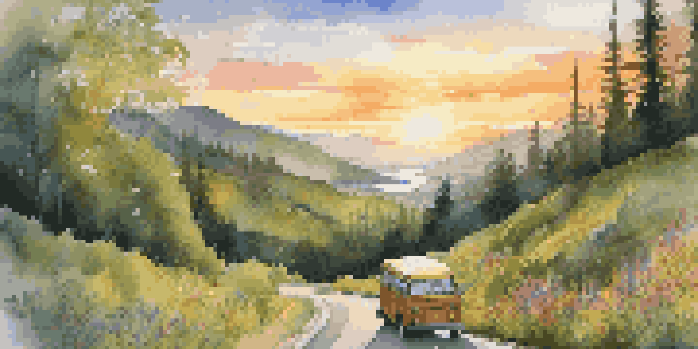 A hybrid vehicle driving on a mountain road amidst greenery and wildflowers during sunset.