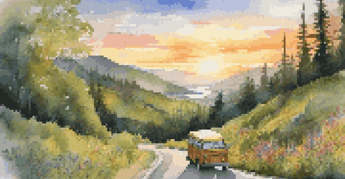 A hybrid vehicle driving on a mountain road amidst greenery and wildflowers during sunset.