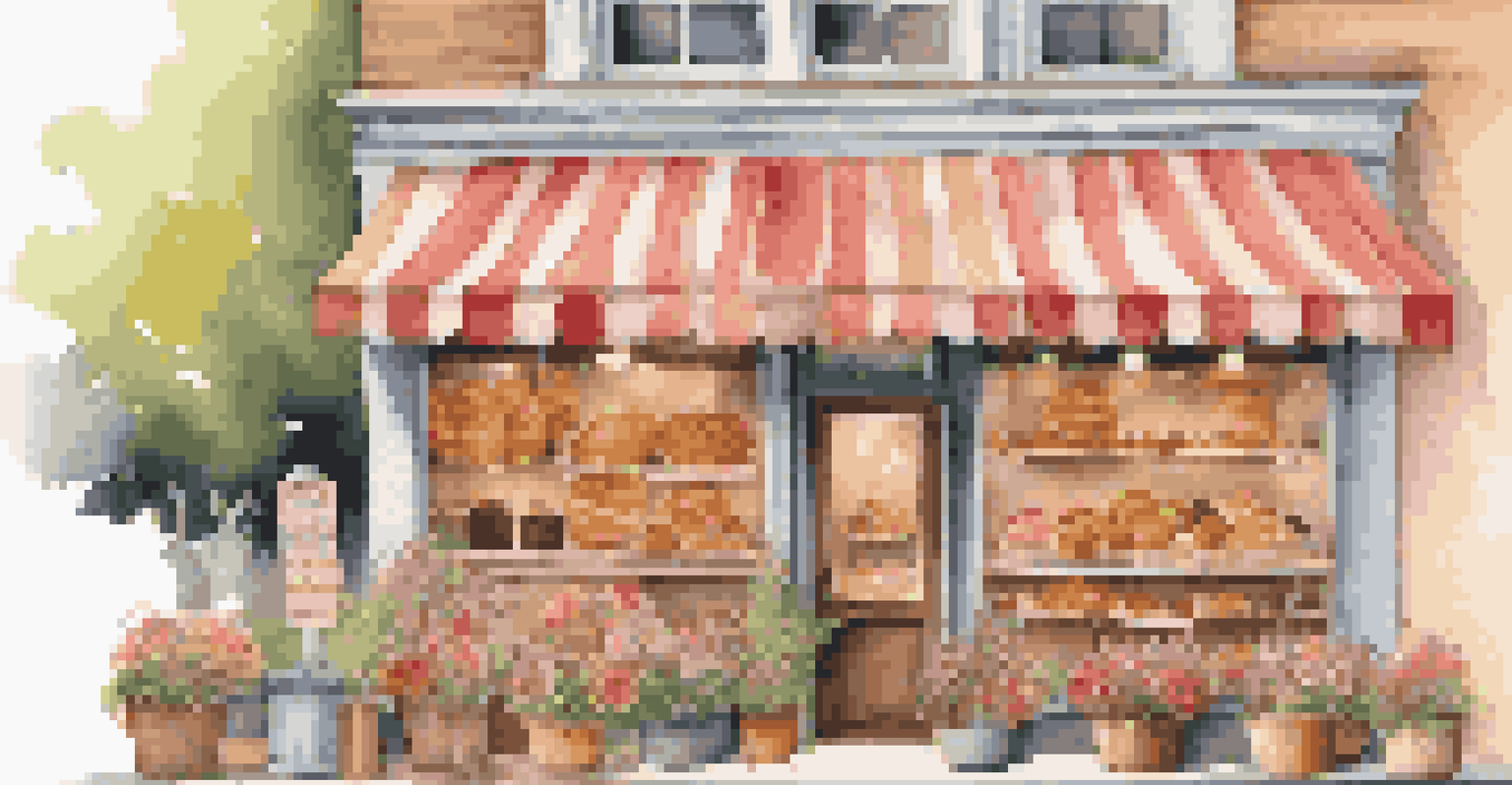 A small-town bakery showcasing an array of delicious desserts in the window, with colorful flowers and a rustic sign outside.