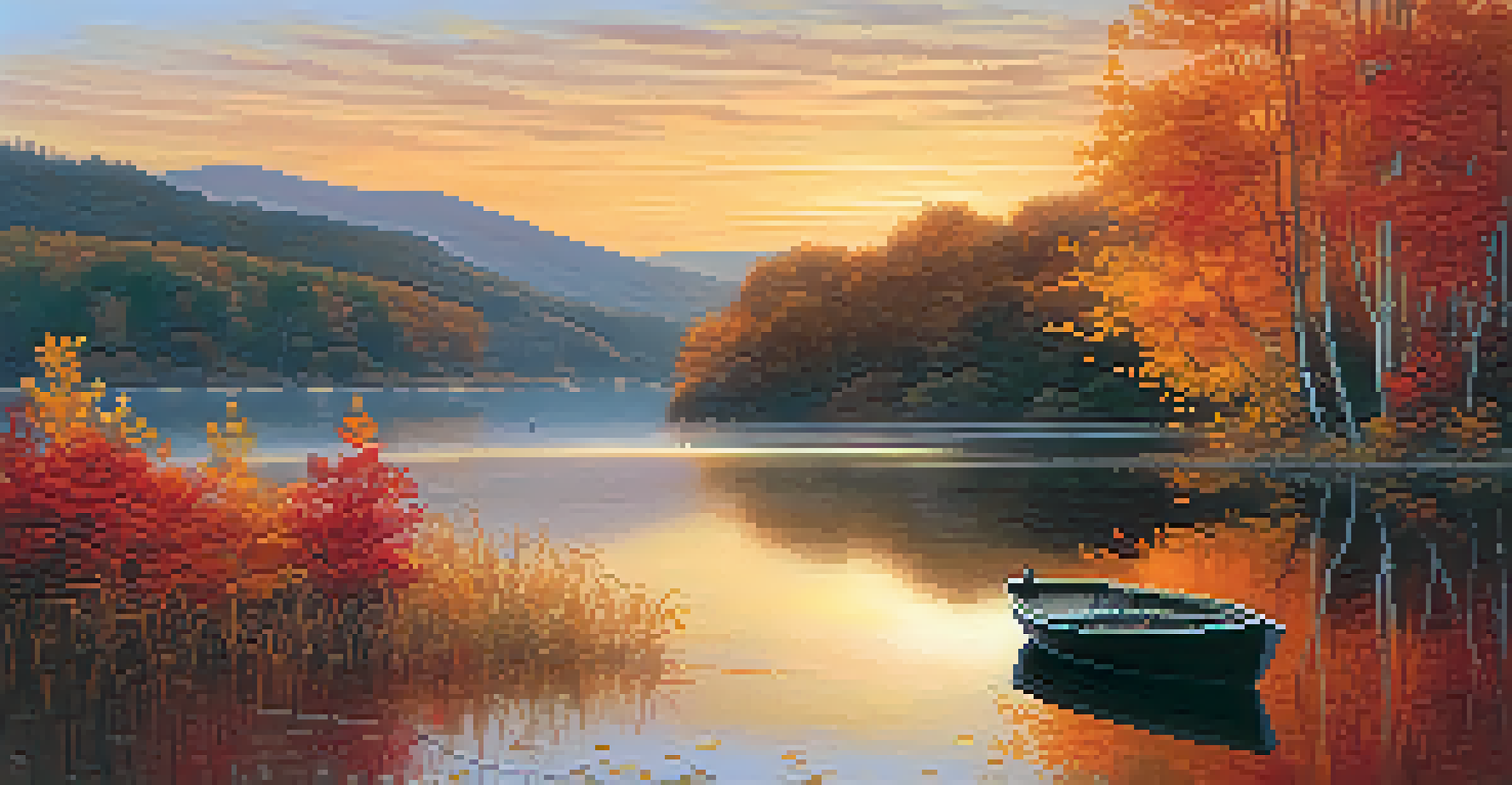 A peaceful lake scene with autumn trees, a sunset sky, and a person by the shore.