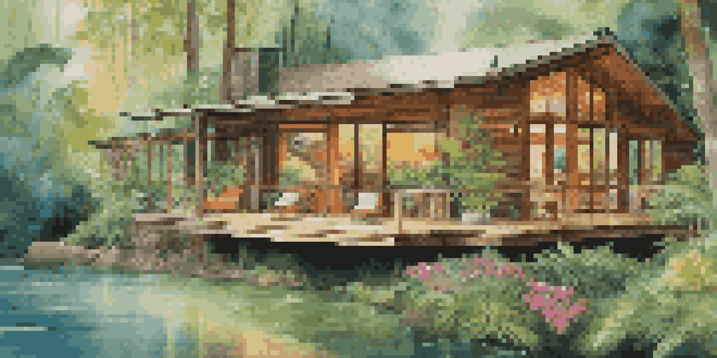 A luxurious eco-friendly cabin surrounded by a vibrant rainforest, featuring large windows and a wooden deck overlooking a serene river.