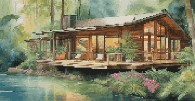 A luxurious eco-friendly cabin surrounded by a vibrant rainforest, featuring large windows and a wooden deck overlooking a serene river.