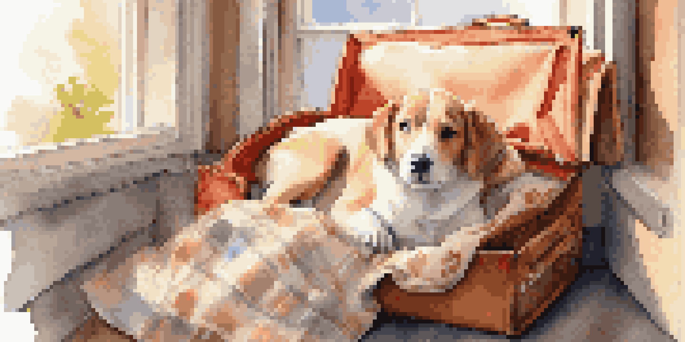 A pet dog comfortably resting in a travel carrier with blankets and a toy while sunlight shines through a window.