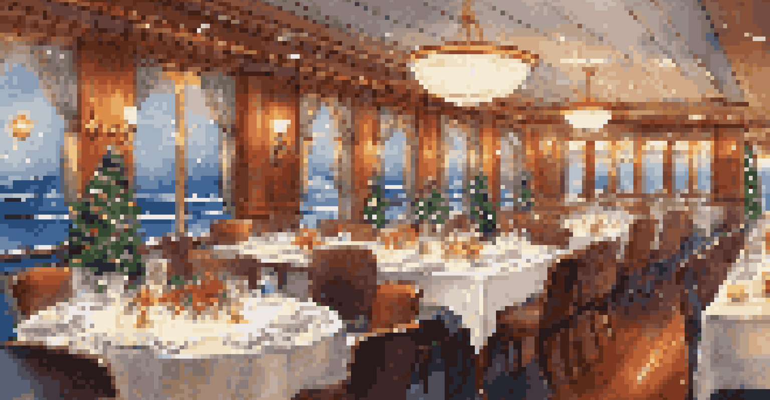 An onboard dining room of a cruise ship, decorated for the holidays with a view of snow outside.