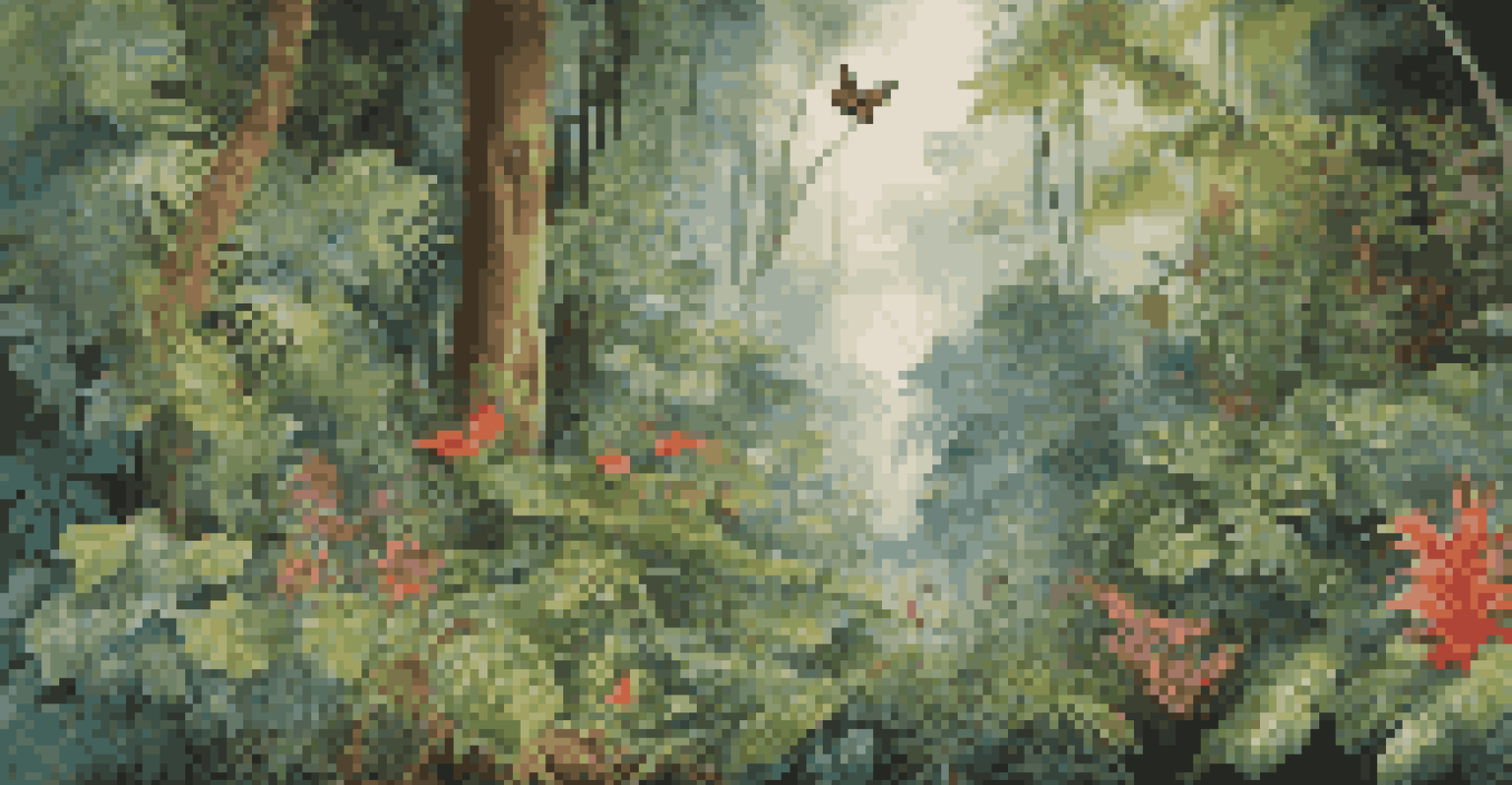 A dense rainforest with a variety of plants and animals, illuminated by sunlight.