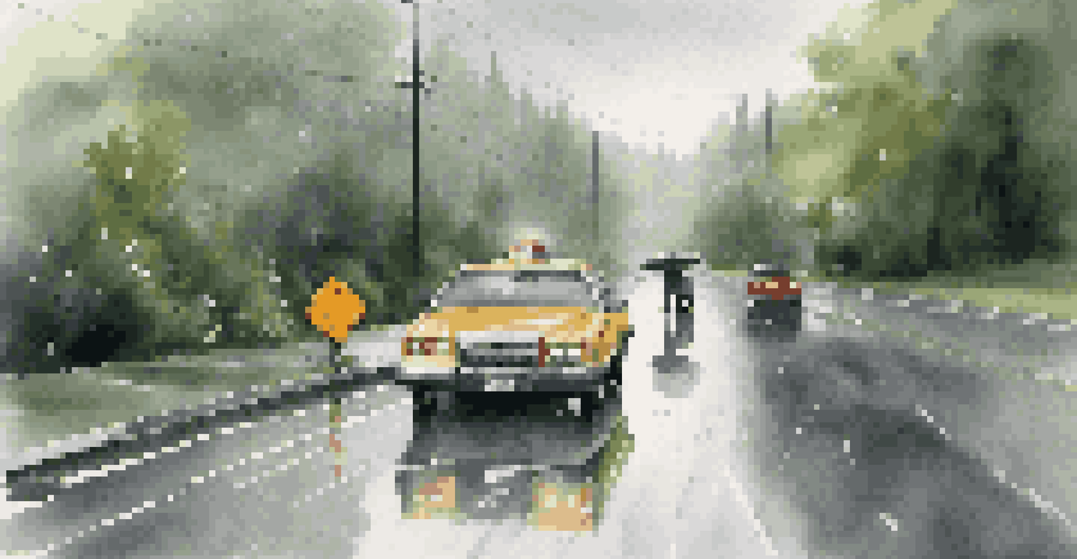 A car pulled over on a rainy road with a driver calling for assistance, surrounded by green vegetation.