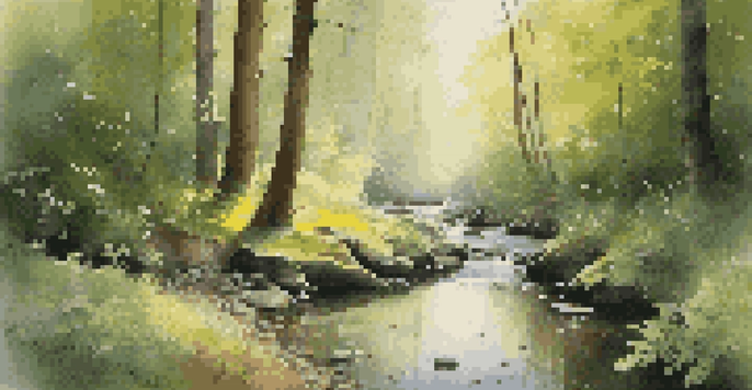 A peaceful forest scene with golden sunlight filtering through leaves and a gentle stream reflecting light.