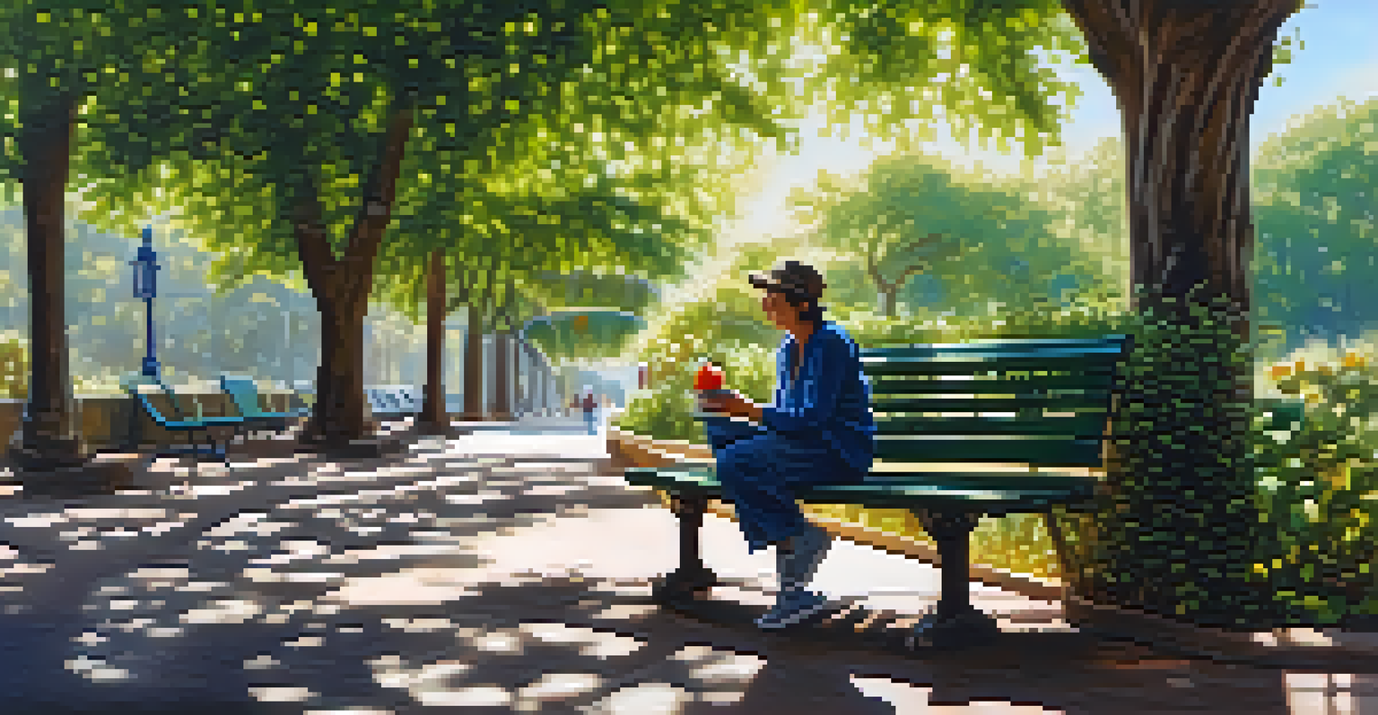 A traveler on a park bench enjoying a healthy snack of fruits and nuts surrounded by greenery and soft sunlight.