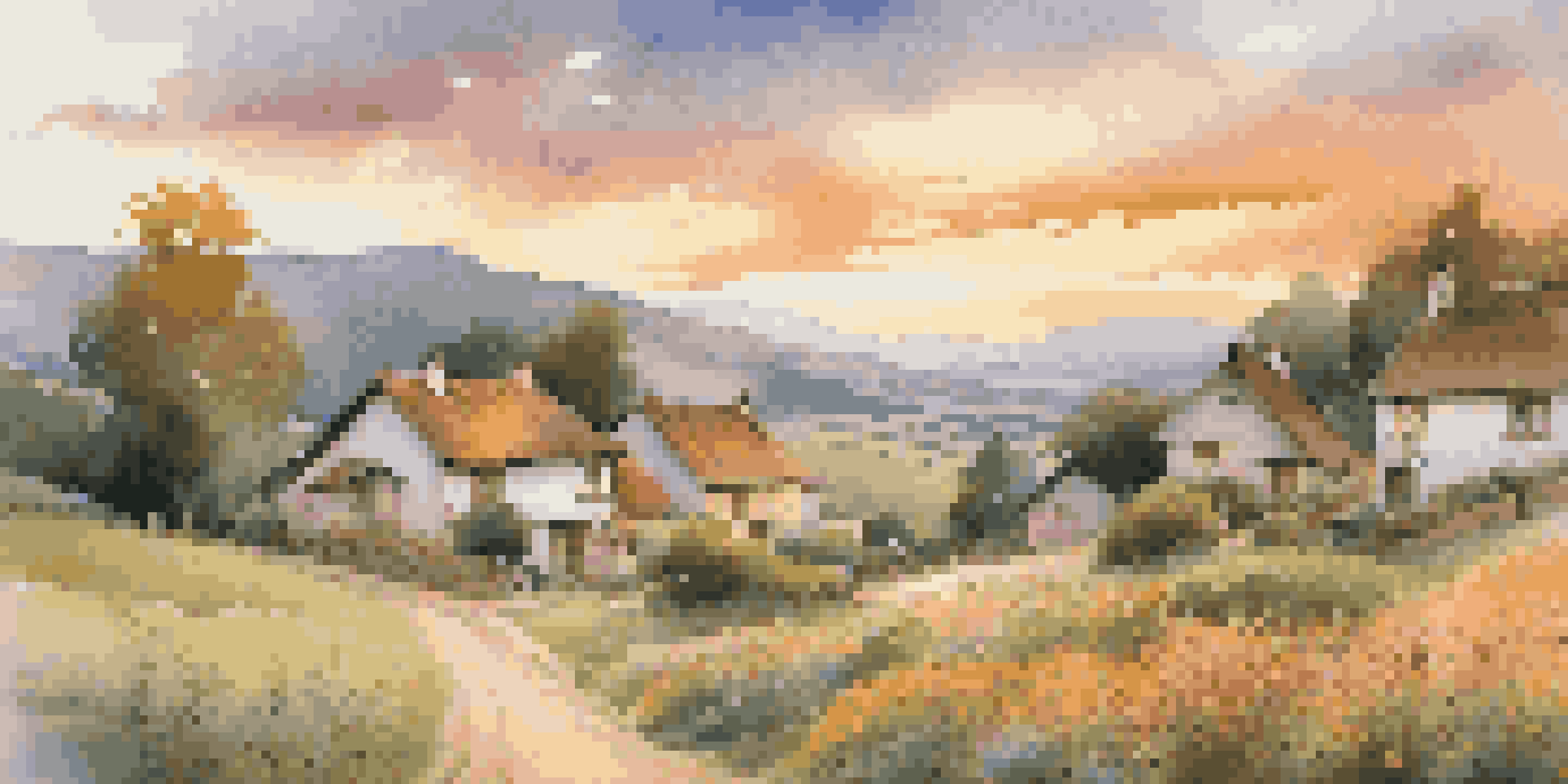 A peaceful countryside village at sunset, featuring cottages and wildflowers.