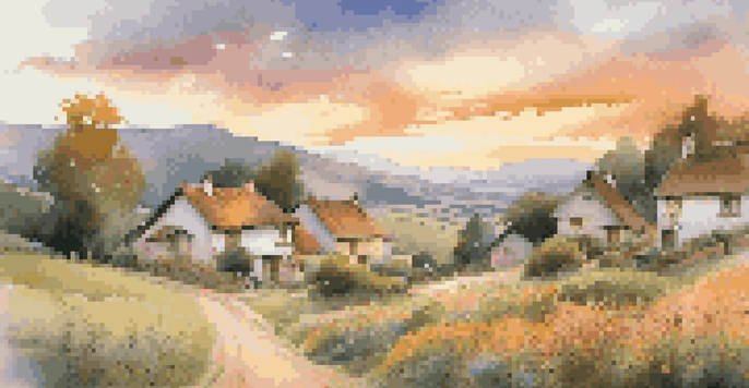 A peaceful countryside village at sunset, featuring cottages and wildflowers.
