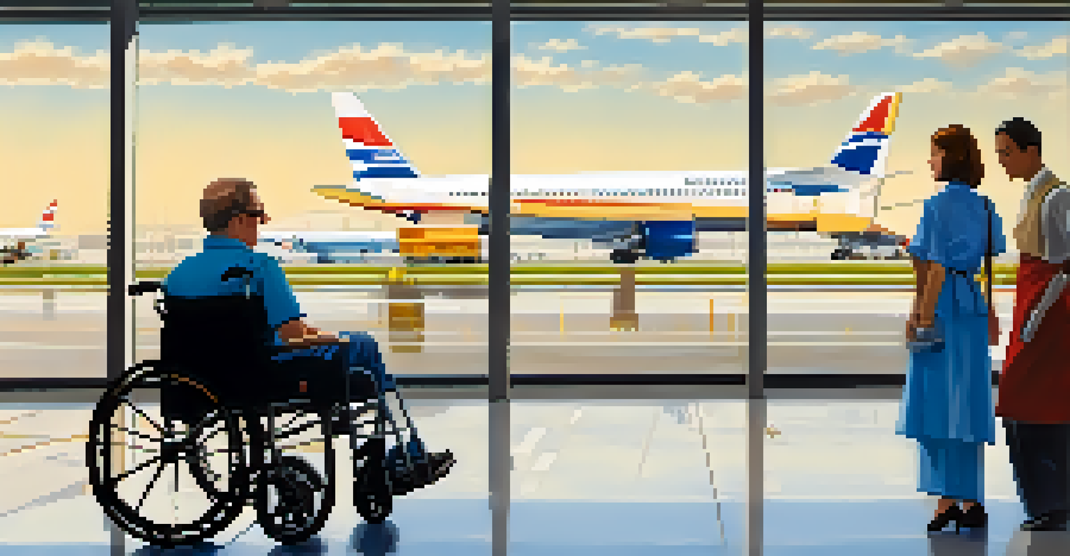 An airport scene showing a staff member assisting a passenger in a wheelchair, with clear signage and wide aisles, and planes visible through large windows.