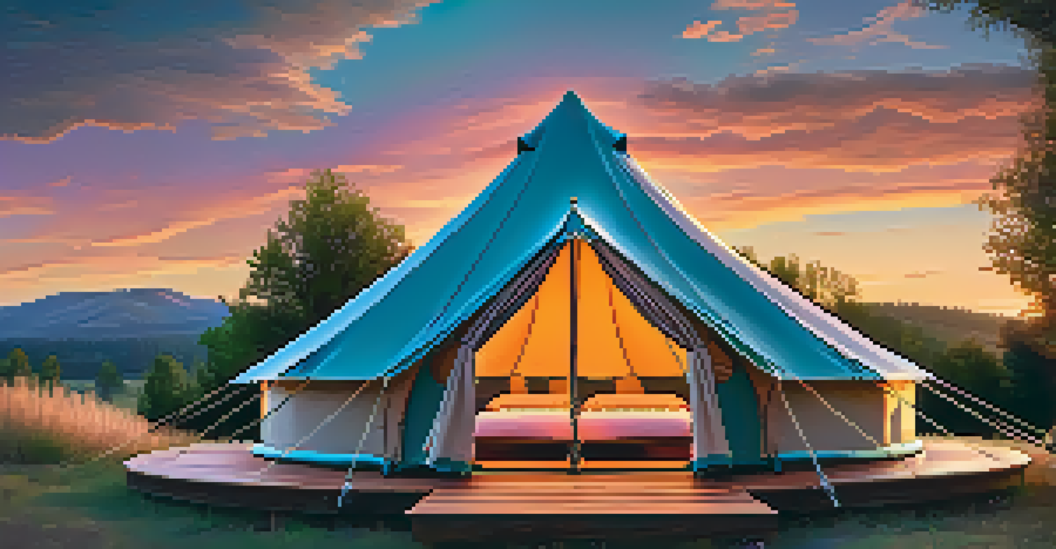 A glamorous camping tent beautifully set up in nature during a colorful sunset.