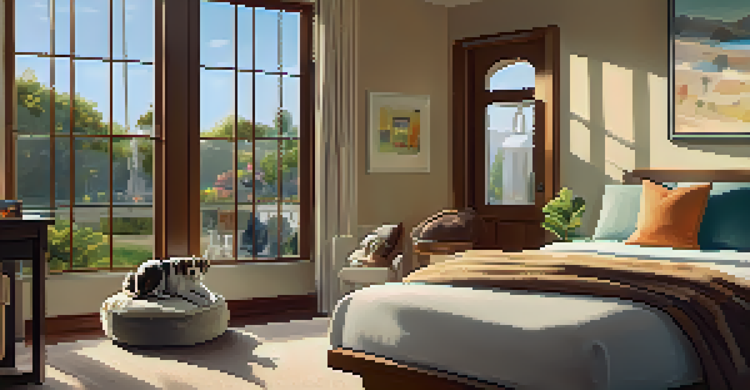 A cozy pet-friendly hotel room featuring a dog bed, toys, and a cat lounging on the bed, with warm lighting and a sunny view outside.