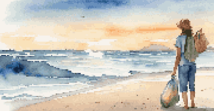 A traveler on a beach at sunset, holding a reusable bottle and bag, emphasizing waste reduction during travel.