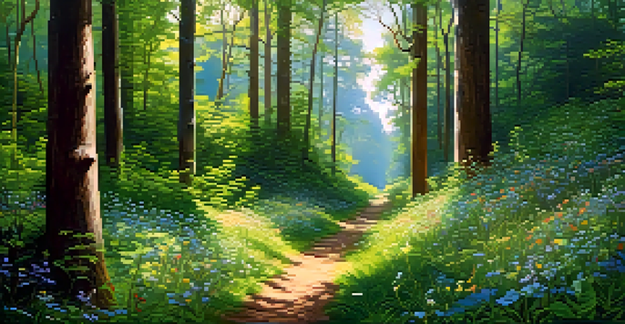 A peaceful forest with tall trees, colorful wildflowers, and a winding trail under soft sunlight.
