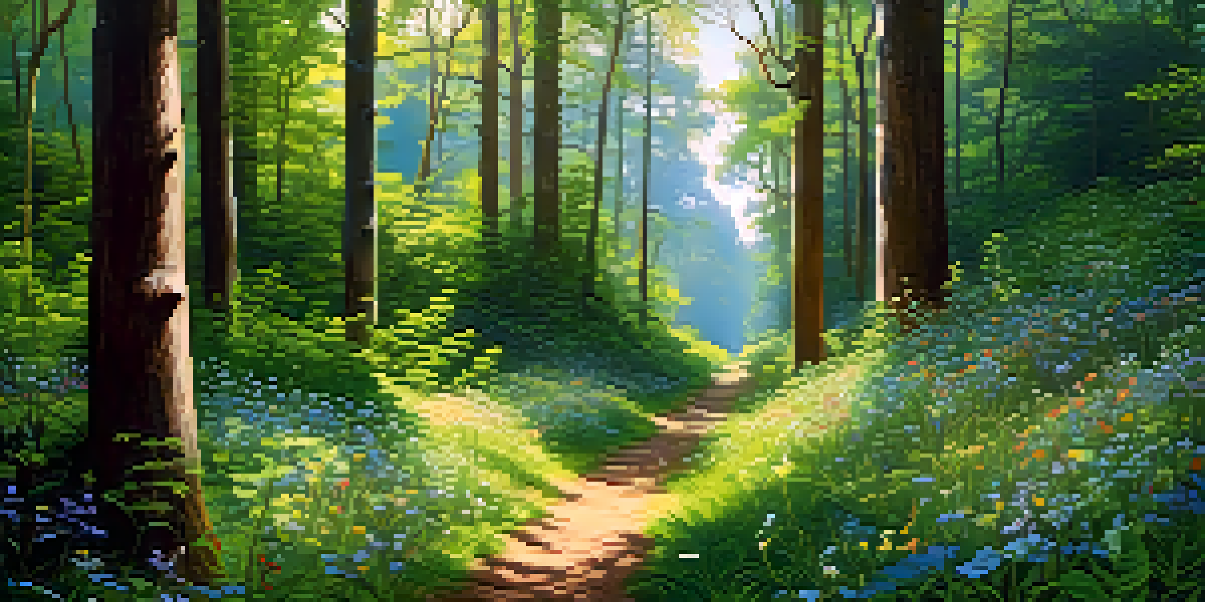 A peaceful forest with tall trees, colorful wildflowers, and a winding trail under soft sunlight.