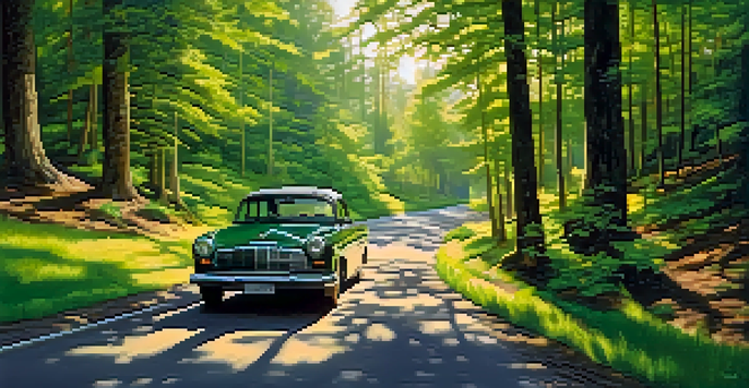 A winding road in a green forest with a parked vehicle and sunlight filtering through the trees.