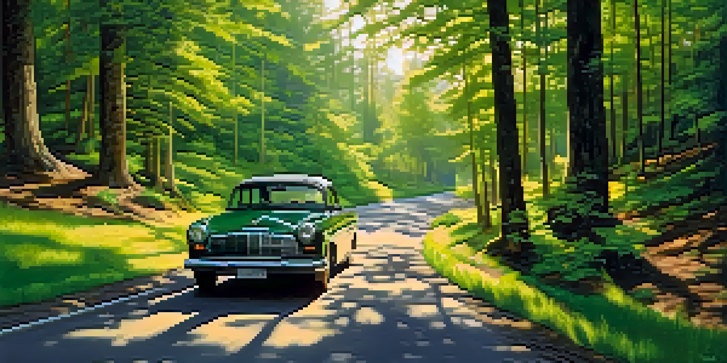 A winding road in a green forest with a parked vehicle and sunlight filtering through the trees.