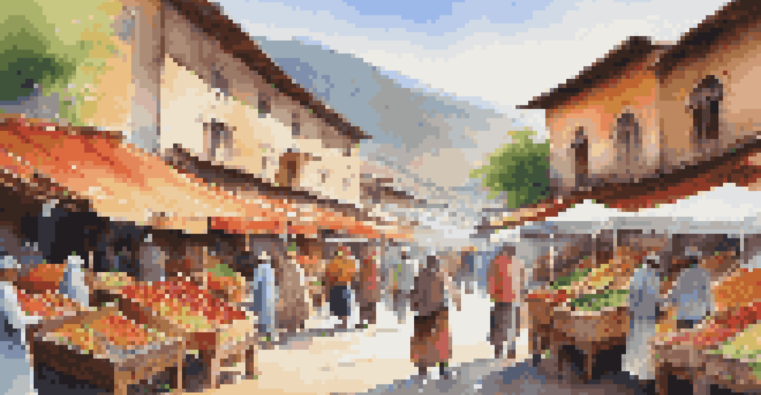 A lively local market with colorful stalls and vendors interacting with travelers.