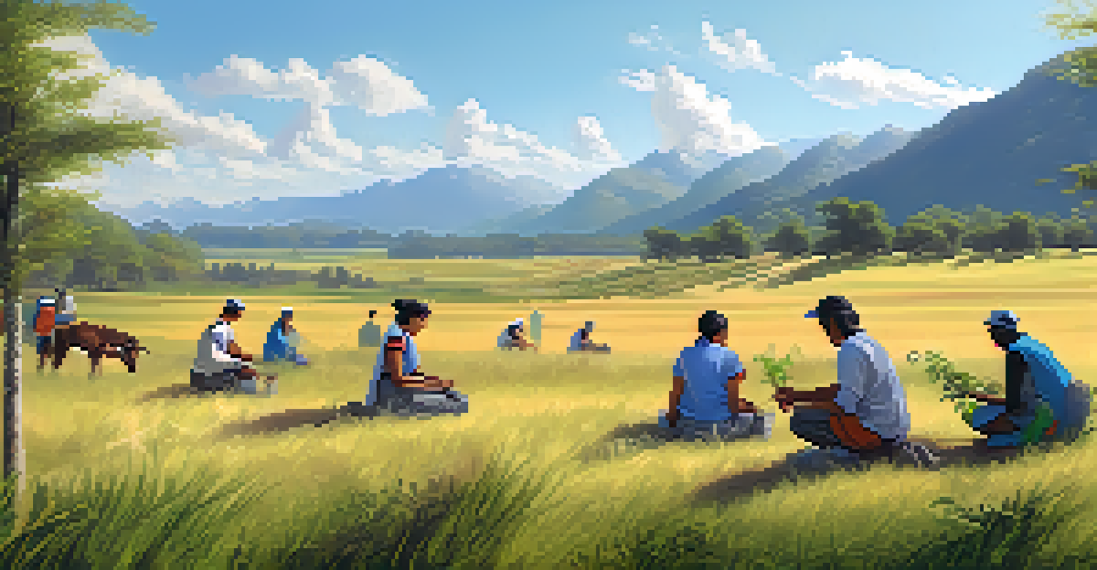 A volunteer planting trees in an open field with mountains in the background, surrounded by locals, under warm afternoon light.