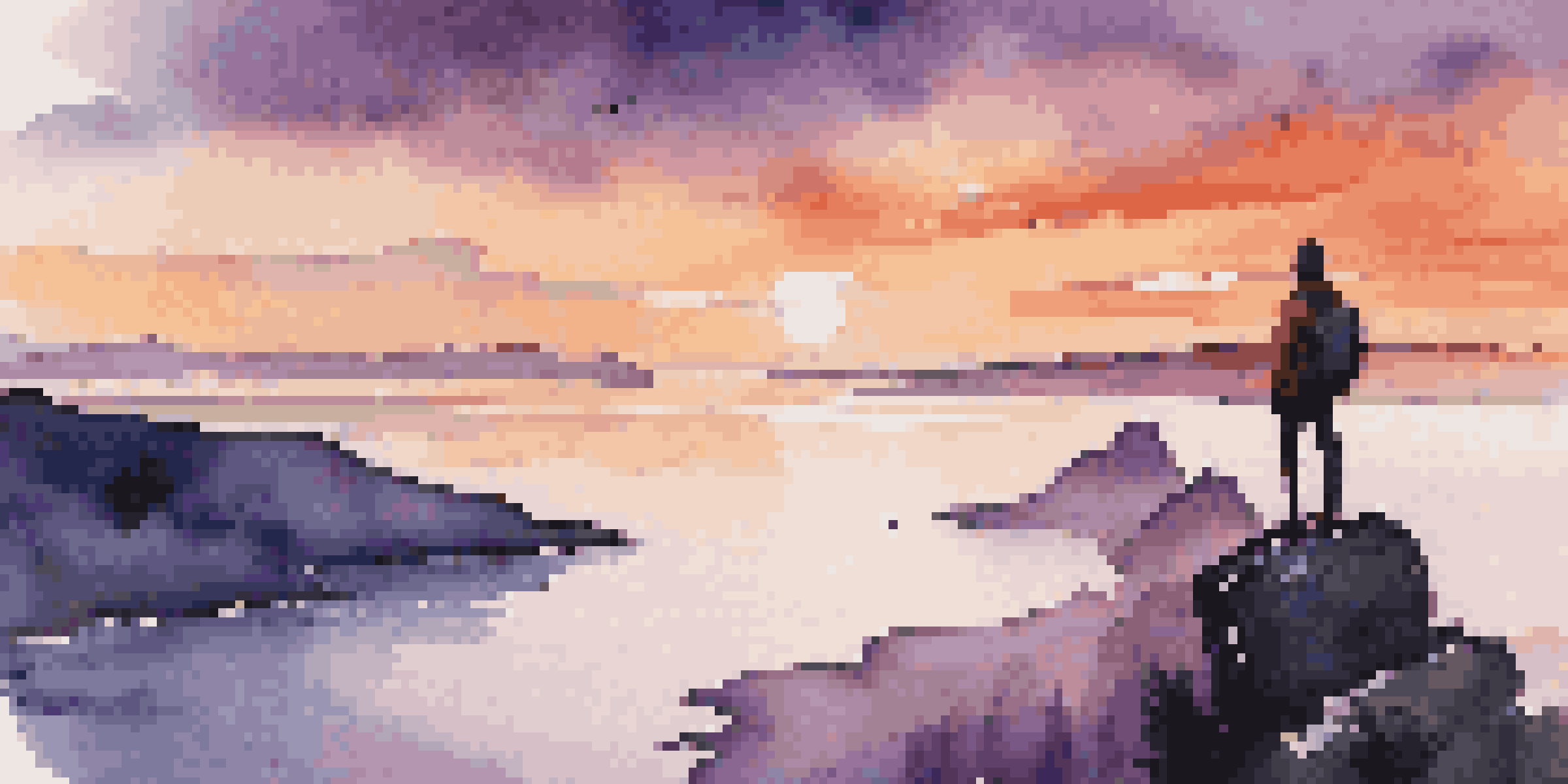 A solo traveler stands on a cliff, gazing at a colorful sunset over the ocean, with a journal in hand.