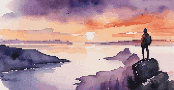 A solo traveler stands on a cliff, gazing at a colorful sunset over the ocean, with a journal in hand.