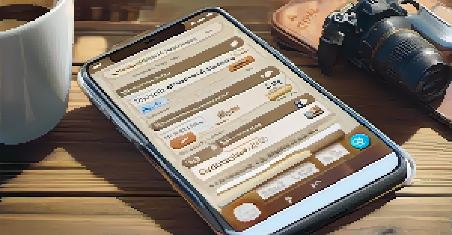 A smartphone on a wooden table showing a translation app with travel phrases, surrounded by a passport, map, and coffee cup.