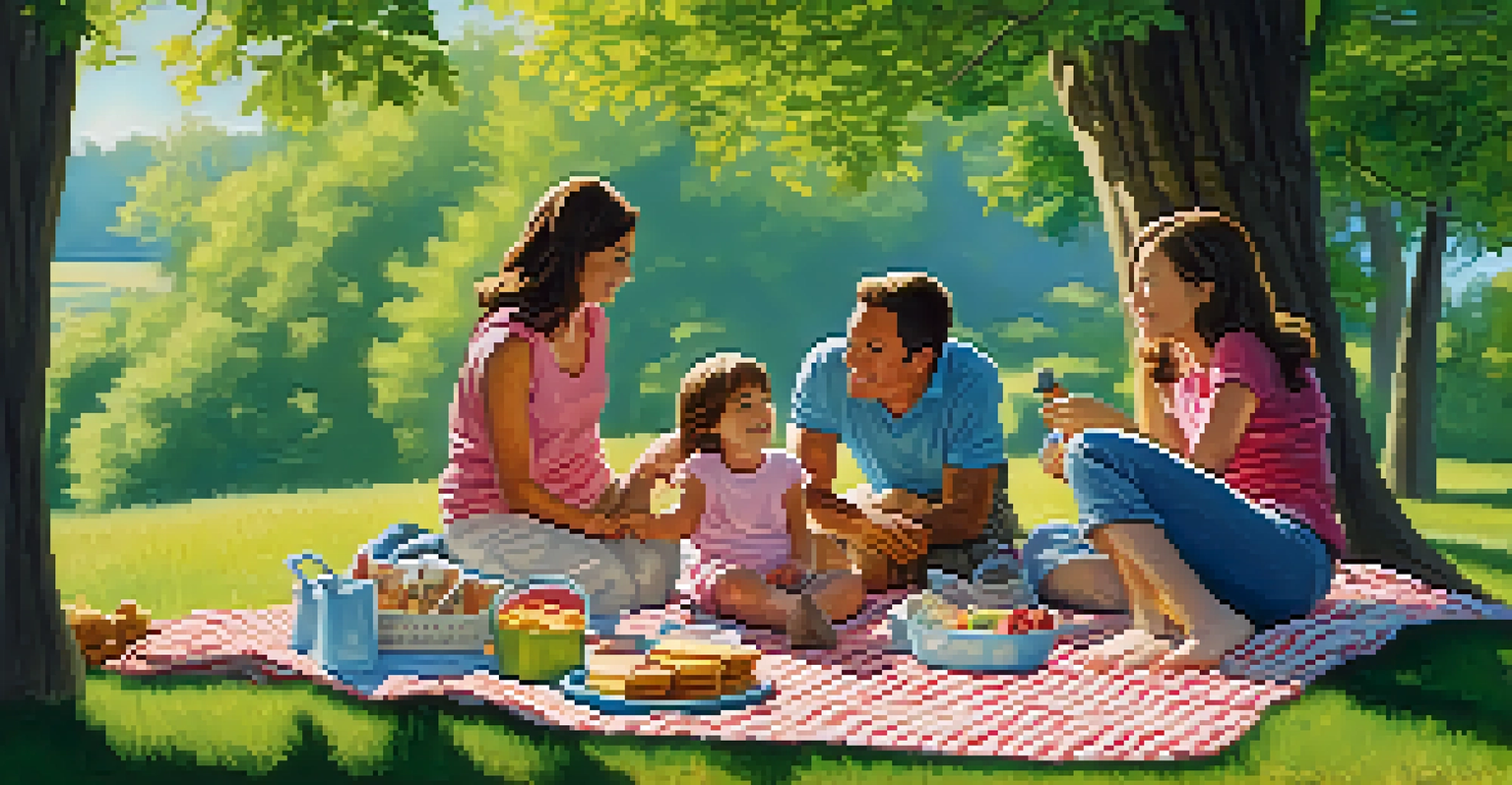 A family having a picnic in a beautiful park, with children playing and a spread of homemade snacks.