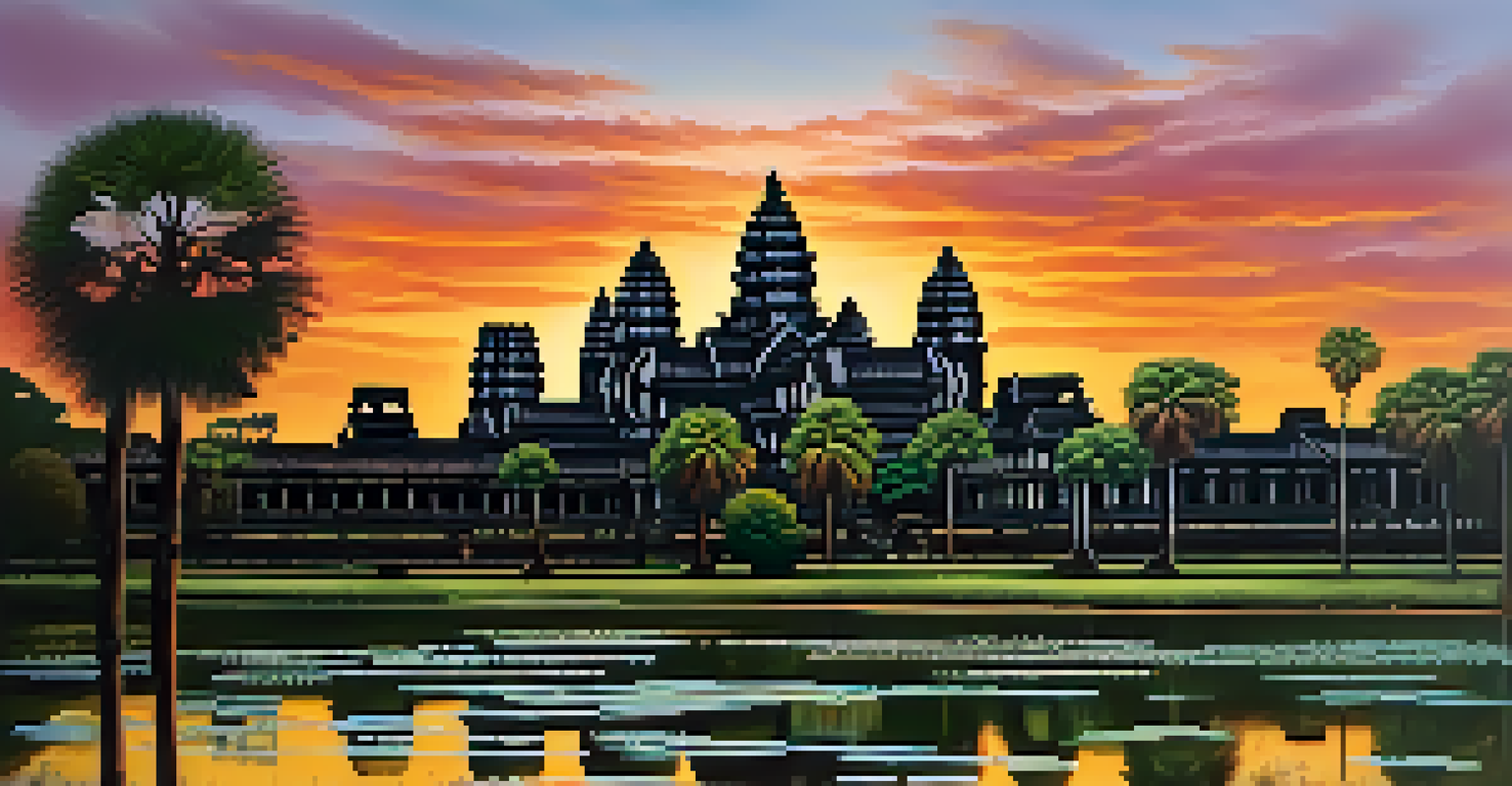 The silhouette of Angkor Wat temples at sunrise, reflecting in the water with a colorful sky.