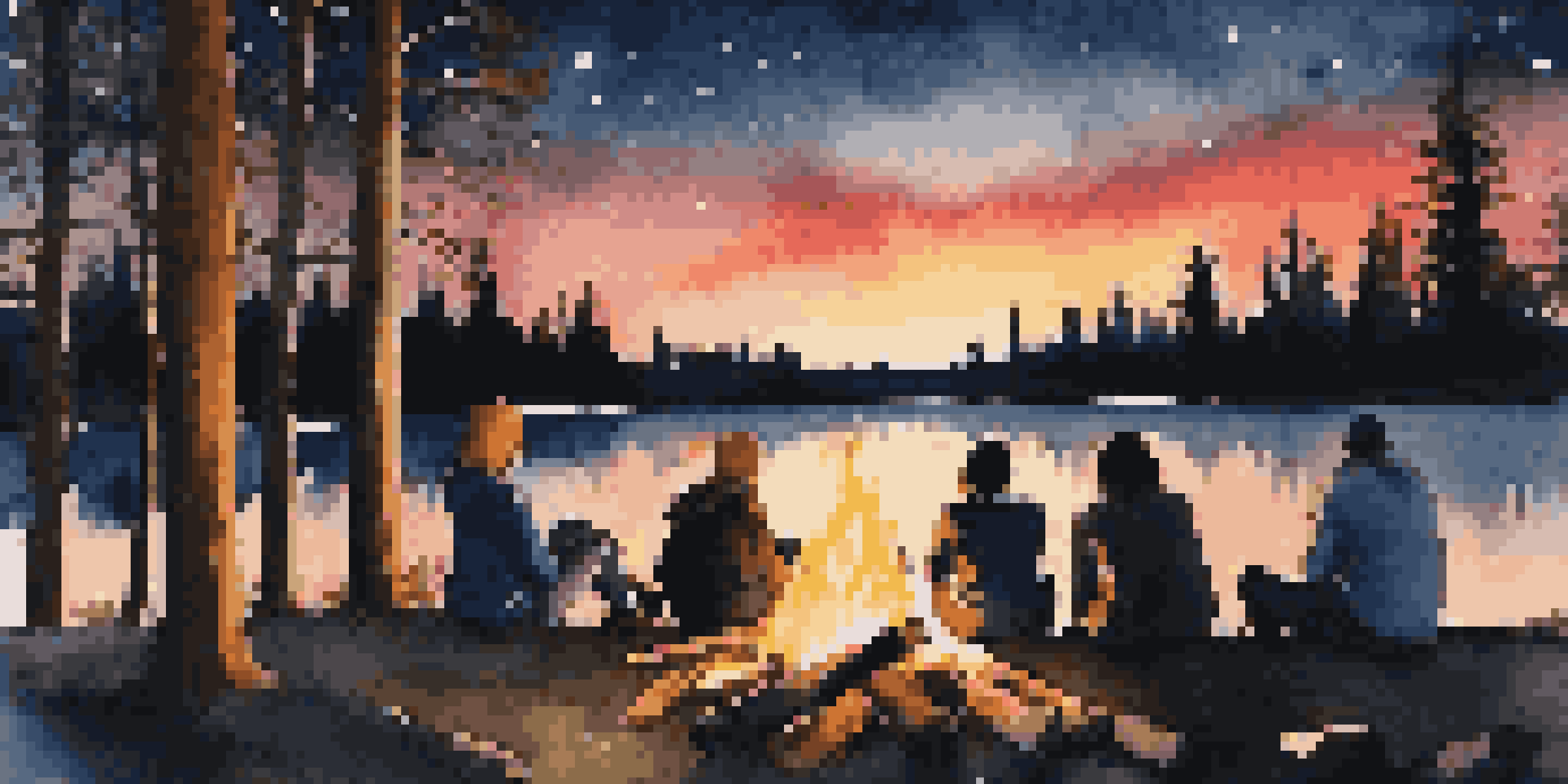 Group of friends gathered around a campfire sharing stories under a starry sky.