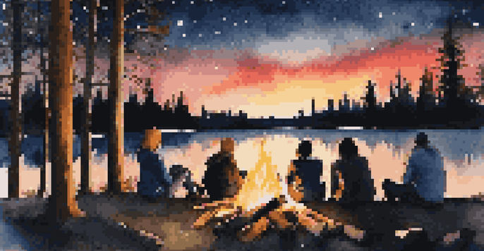 Group of friends gathered around a campfire sharing stories under a starry sky.