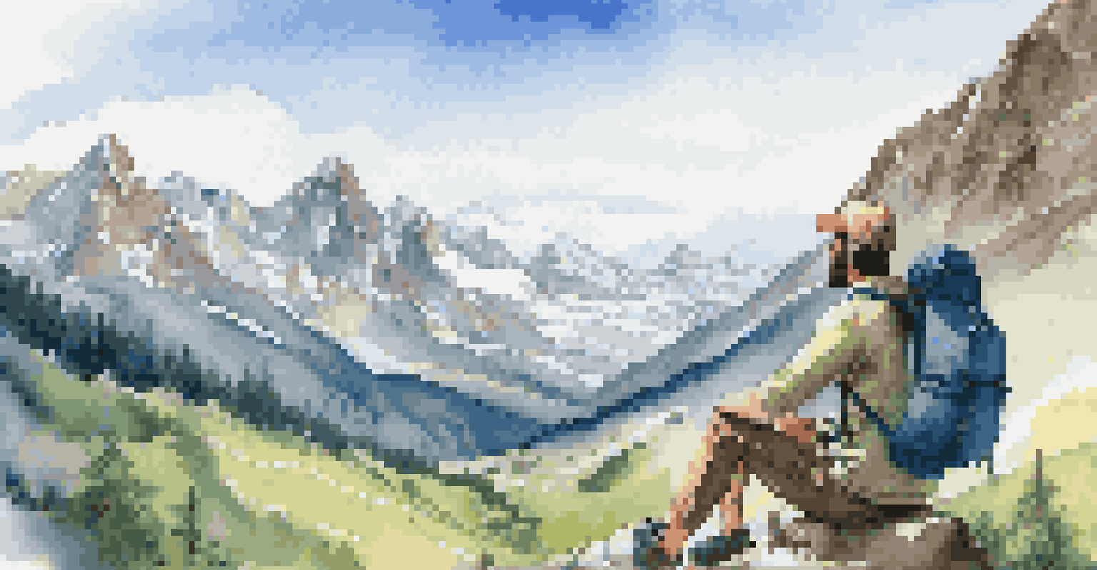 A digital nomad hiking in the mountains with a laptop in hand, surrounded by scenic peaks and clear blue skies.