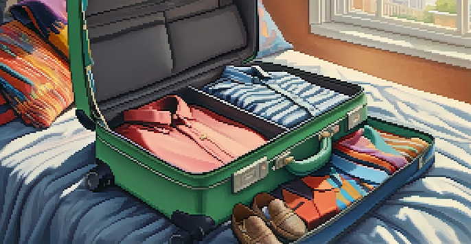 A suitcase on a bed filled with colorful clothing and travel accessories, illuminated by soft morning light.