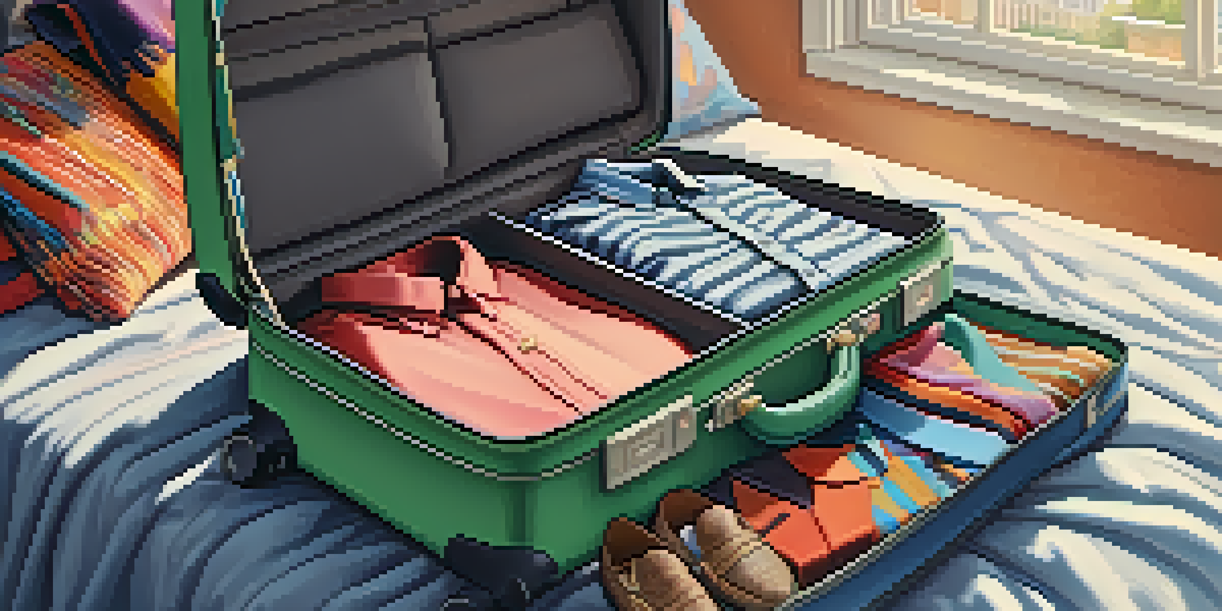 A suitcase on a bed filled with colorful clothing and travel accessories, illuminated by soft morning light.